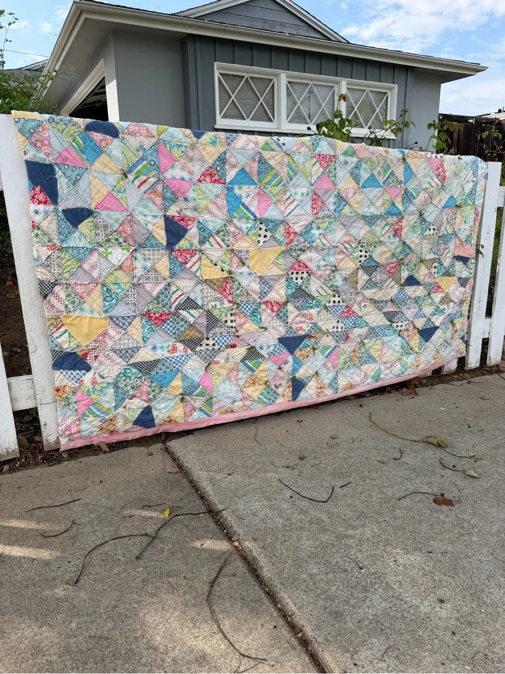 Vintage Scrappy Patchwork Quilt Hand Sewn Feedsack Textured Pastels 53x69 READ